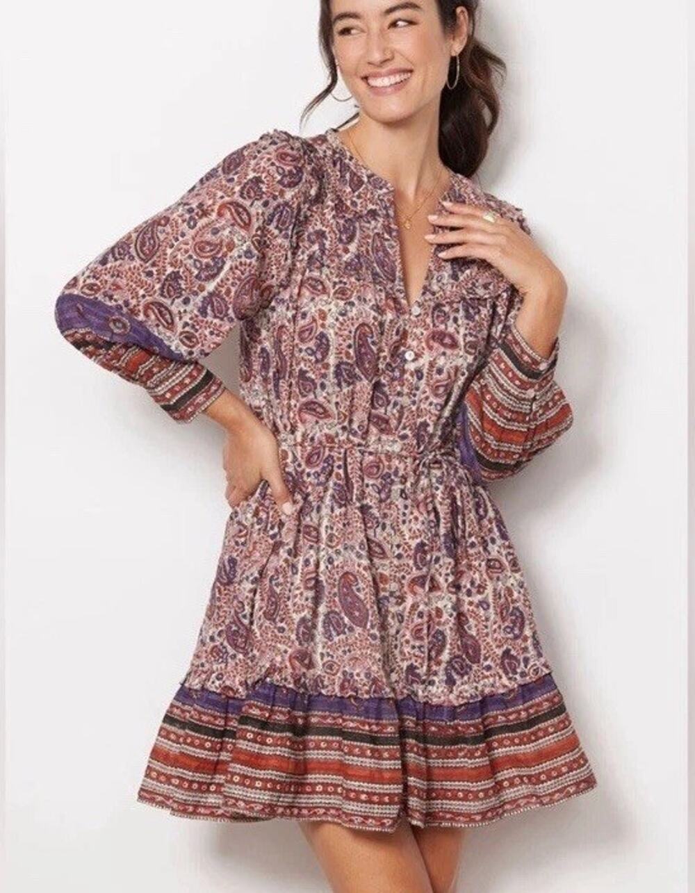 Cleobella Reign Ruffle Mini Dress Peasant Sleeve Indian Cotton No Belt Sz S Boho